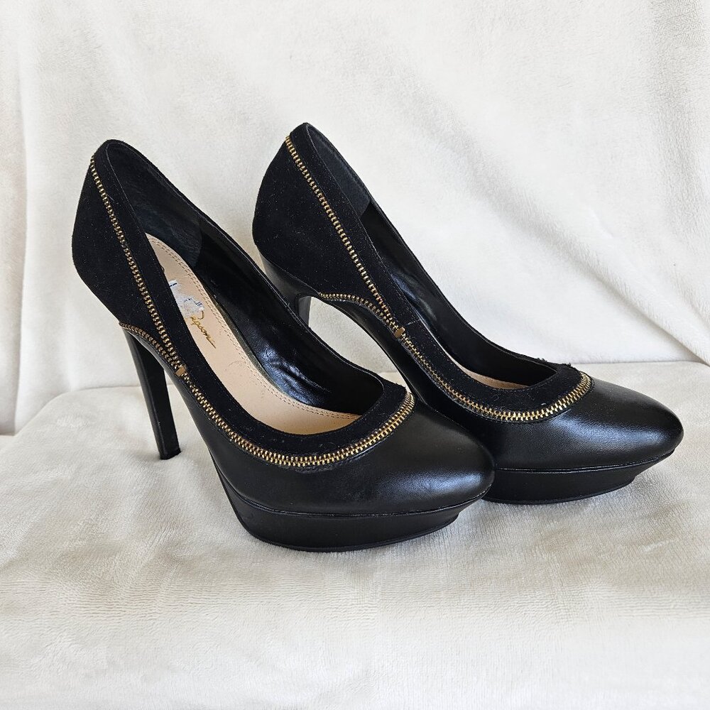 SIZE 8.5 Jessica Simpson Black Platform Zipper Trim Heels Pumps EUC